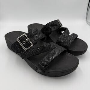 Vionic Size 8-8.5 Black Snake Embossed Buckle Slide Sandals Orthotic Comfort